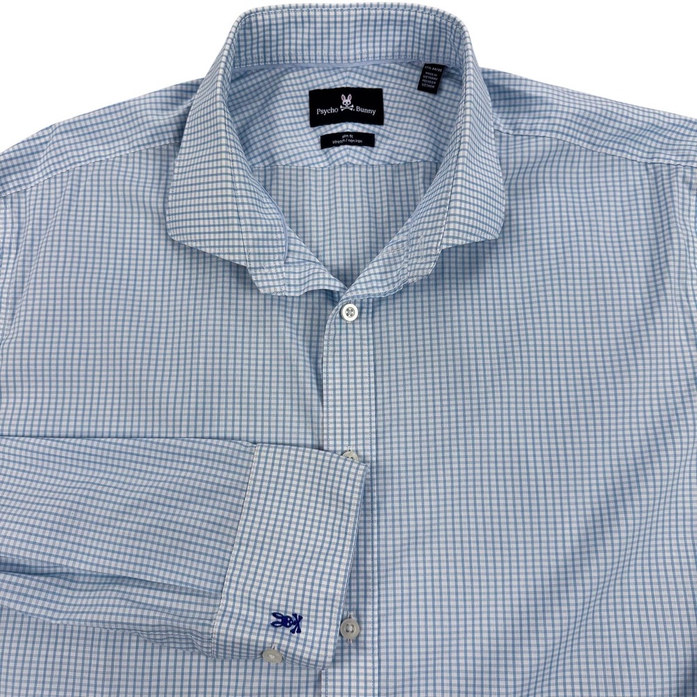 Psycho Bunny Shirt Mens 17.5 34/35 Blue Check Slim Fit Stretch Non Iron Office